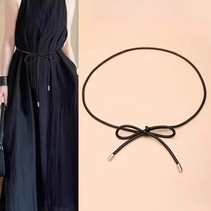 

Waist Chain Round Rope Belt New Non-hole Solid Color Leather Thin Belt Knotted Waist Belt Women