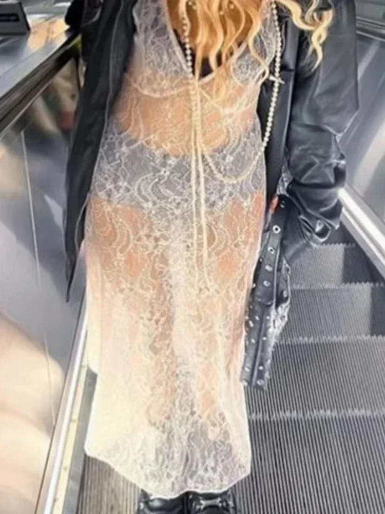 Y2k Sexy Lace See Through Tank Women Dress Floral Sheer Sleeveless V Neck Long Dress Streetwear Fashion Party Dresses