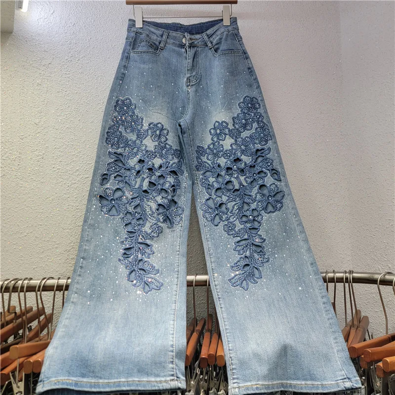 

Jeans for Women with Hollowed Out Hot Stamping High Waisted Wide Leg Straight Leg Denim Pants for Women's Fashion