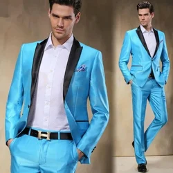 Trajes de hombre guapo, conjunto completo azul, solapa de pico negra de viaje, botonadura única, traje de fiesta de graduación, chaqueta de 2 piezas, Pantalones