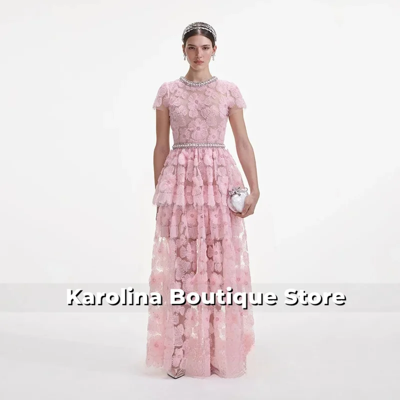 Vestido de fiesta de encaje de lujo personalizado cuello redondo manga corta cuello alto perlas rebordear vestido de fiesta árabe vestidos de noche