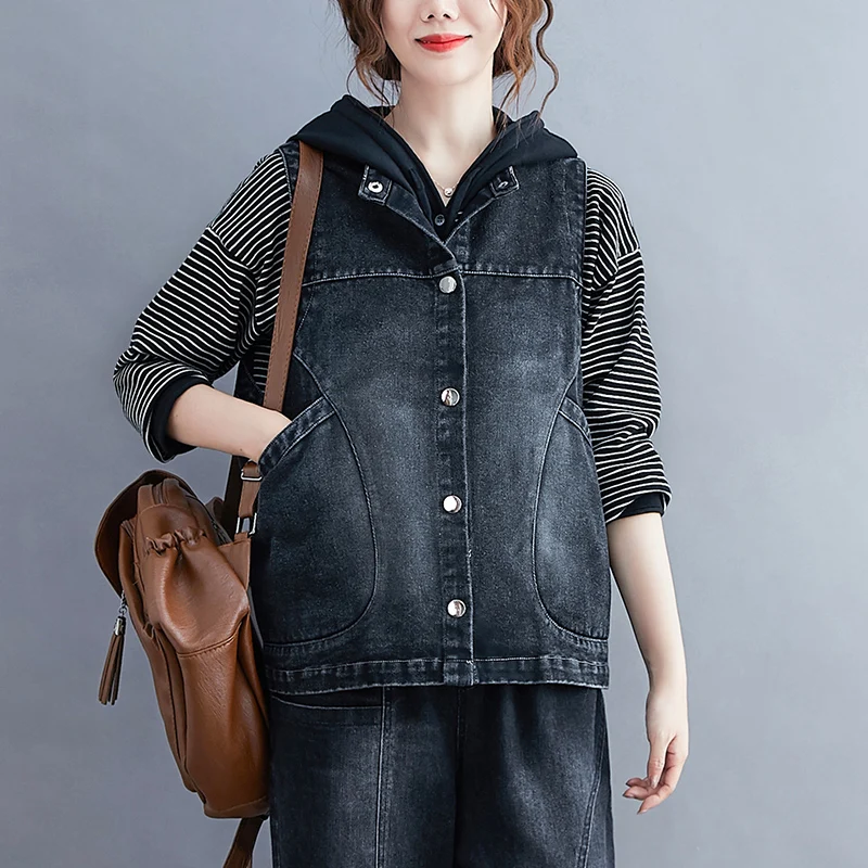

Retro Cotton Denim Vest Women Loose Patchwork Stand Collar Casual Outerwear Cardigan ort Jaet Pure Color Commute Sle
