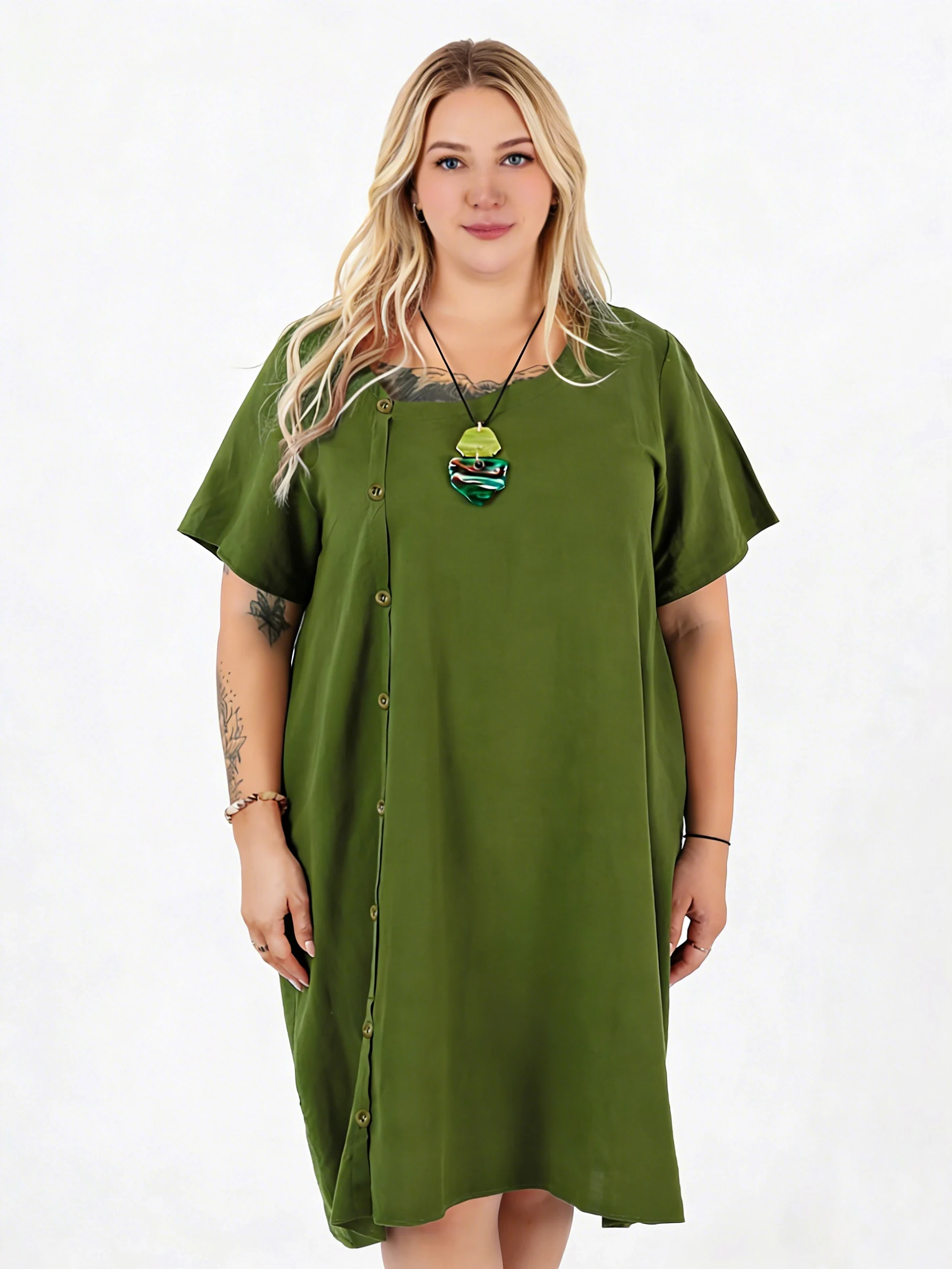 

Женское зеленое платье больших размеров с короткими рукавами и боковыми пуговицами, свободное повседневное мини-платье для повседневной носки, 2025 г.