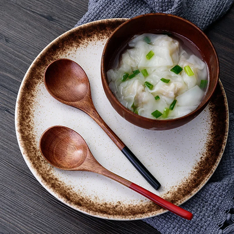 2Pcs Wooden Spoon Small Dessert Spoon Kids Rice Soup Spoon Tableware Long Wood Teaspoon Honey Coffee Drink Stirrer Mixing