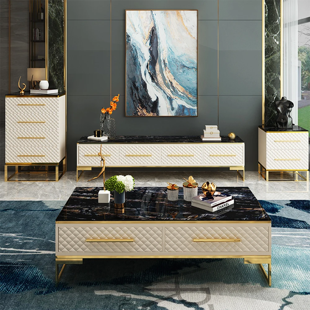 

Luxury MANBAS TV Stand Marble Meubles with Stainless Steel Legs for Living Room Furniture | Coffee Table with Leather Surface