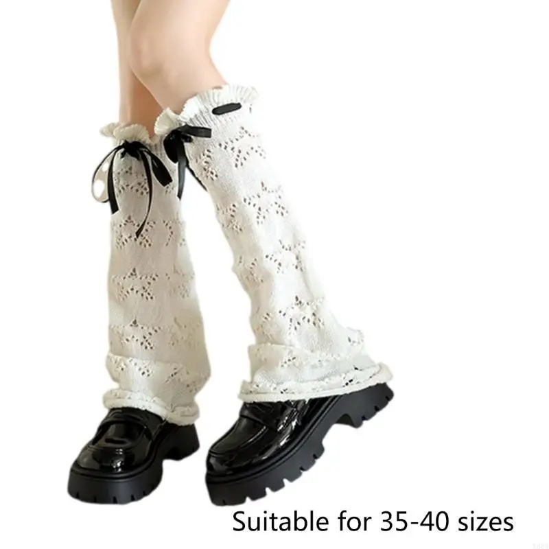 

Y88A Elegant Hollowed Knit Star Flared Leg Warmers Footless Long Socks with Ribbon
