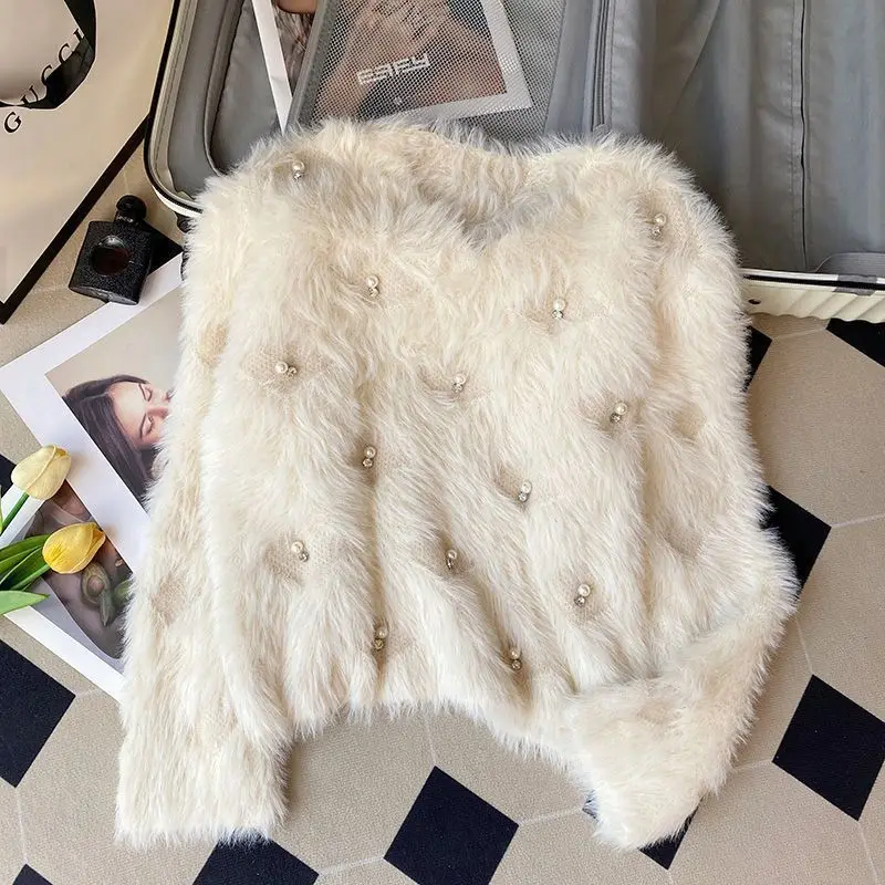 

Women Clothes Autumn Winter Winter Embroidered Flares Solid Color V-neck Waterproof Mink Trend Trend Loose Pullovers Sweatertops