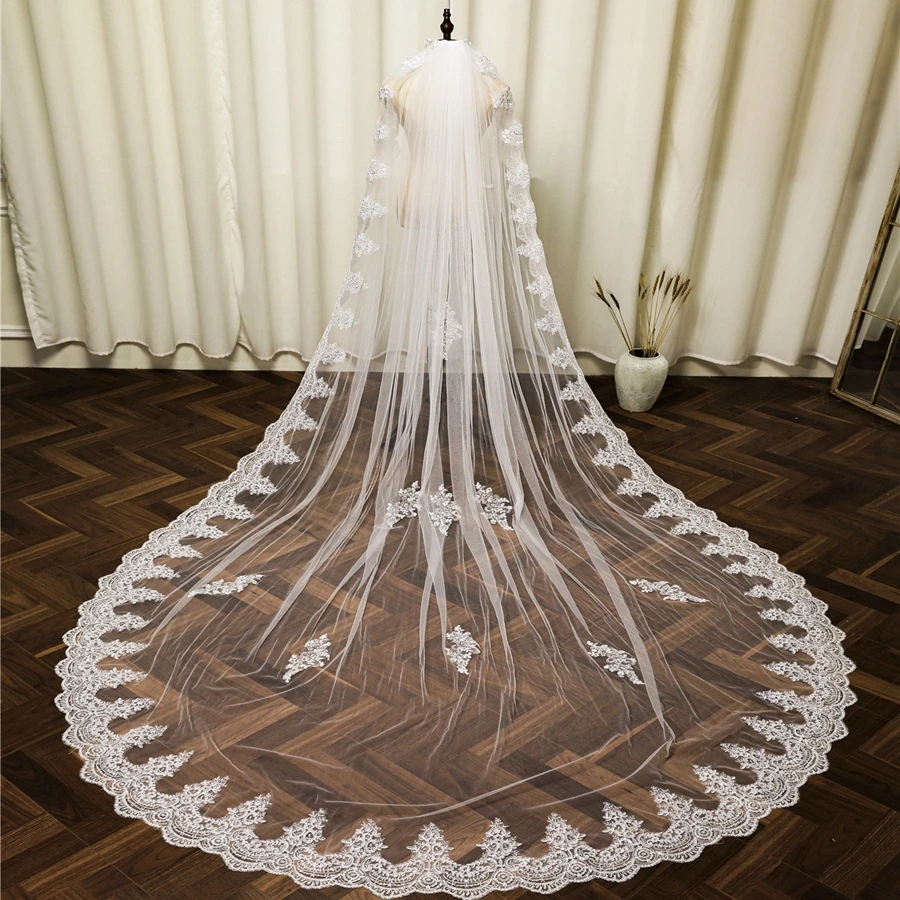 Elegant White Ivory 3.5*3 Meter Cathedral Wedding veil Lace Edge velo Wedding accessories Bridal Veils velo de novias