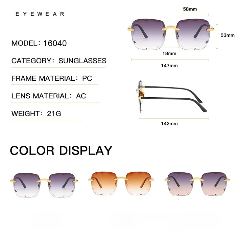 2024 New Rimless Women Sunglasses Fashion Gradient Lenses Sun Glasses Lady Vintage Alloy Legs Classic Designer Shades UV400