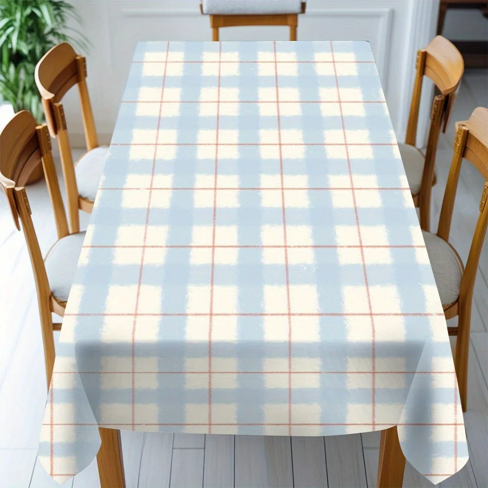 One blue and white checkered tablecloth in multiple sizes. Polyester fabric. Suitable for home and kitchen use.xzj