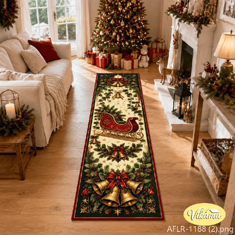 VIKAMA Christmas Holly Berry Border Bedside Runner Non Slip Stain Resistant Floor Mat for Bedroom Living Room Holiday Home Decor