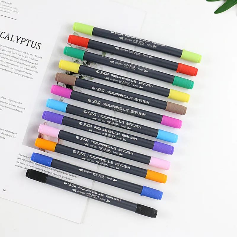 

12Pcs Double Ended Marker Pen Soft Head 12 Color Watercolor Pigment Pen Ink Color Pen Hand Drawn Brush