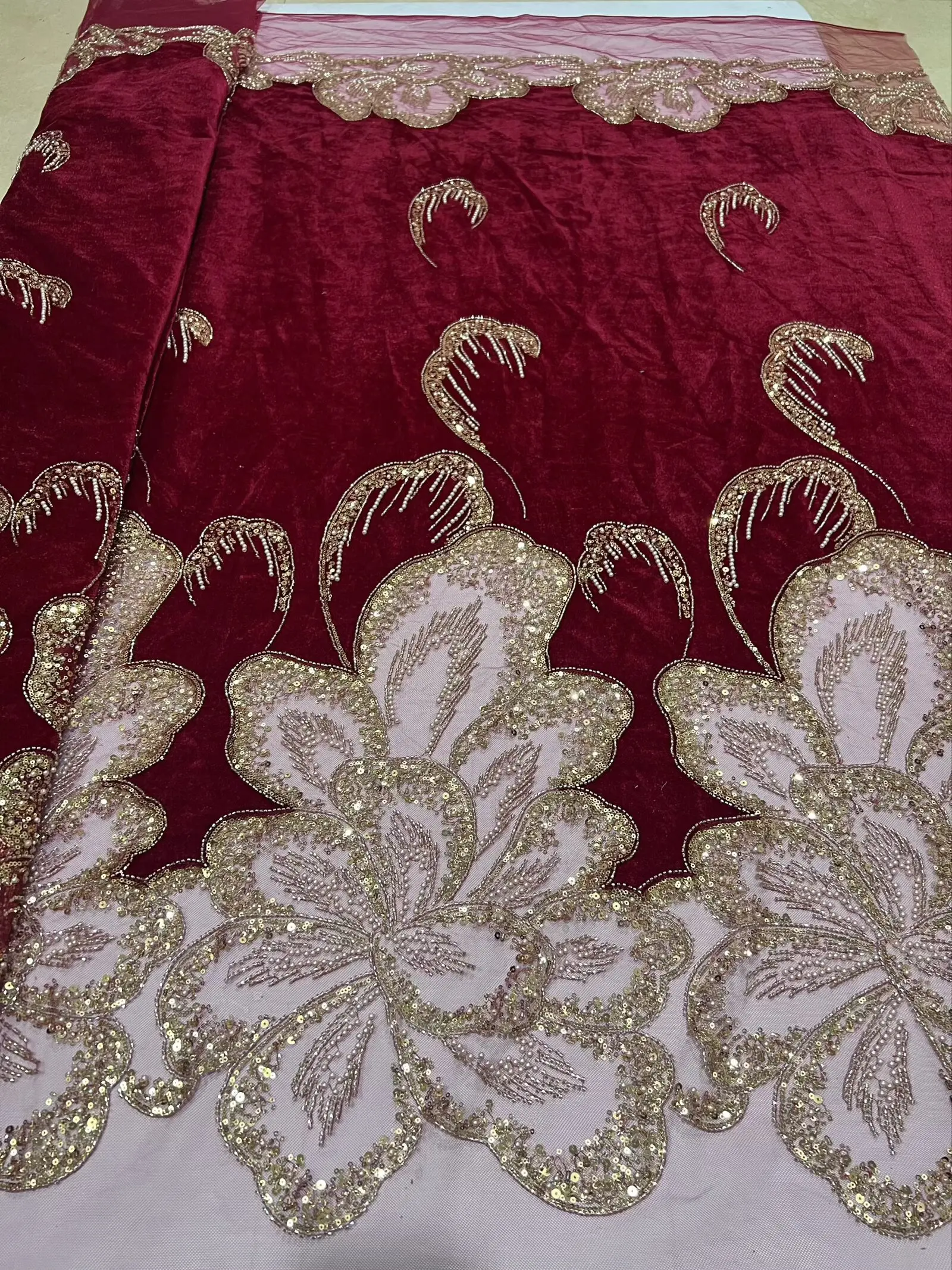 African Velvet Lace Fabric Mix French Lace Tulle Embroidery With Beads and Sequins Velvet Lace For Wedding Dress
