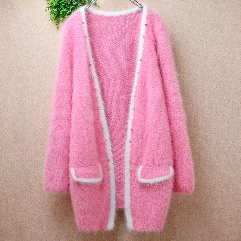 

Female Women Autumn Winter Fashion Pink Beading Hairy Mink Cashmere Knitted Long Sleeves Slim Cardigans Angora Sweater Jacket