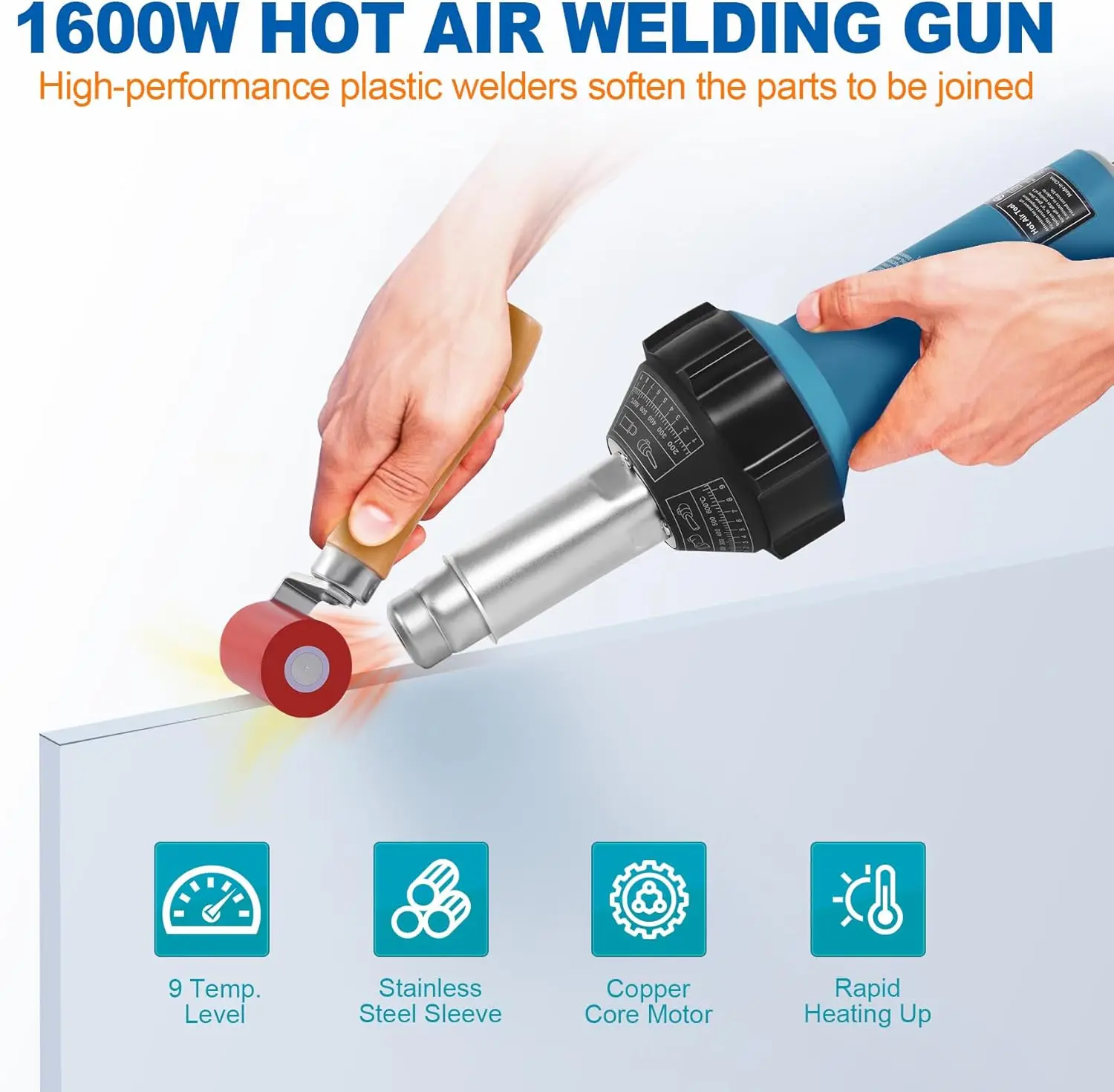 obalbuy 110V 1600W Hot Air Plastic Welding Welder, Handheld Hot Air Vinyl Pvc Tpo Heating Welding Gun W/Nozzles Adjustable