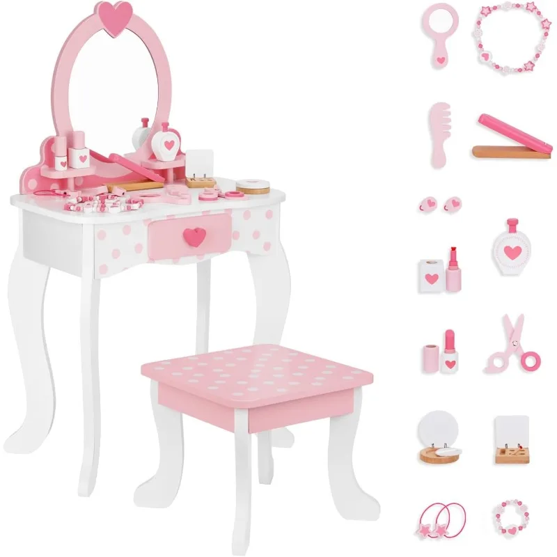 

Kids Vanity Set,Table & Chair Vanity Set with Mirror（Includes 15 pcs Multiple Make up Accessories, Pink