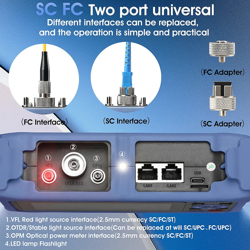 AUA800U/800A 100KM OTDR 1310/1550nm 24/22dB Refletômetro de domínio de tempo óptico Tela sensível ao toque testador de fibra óptica OPM VFL integrado