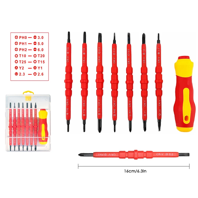 Electrician Repair Tools Kit 13pcs 1000V Changeable Insulated Screwdrivers Set with Magnetic Slotted Phillips Pozidriv Torx Bits