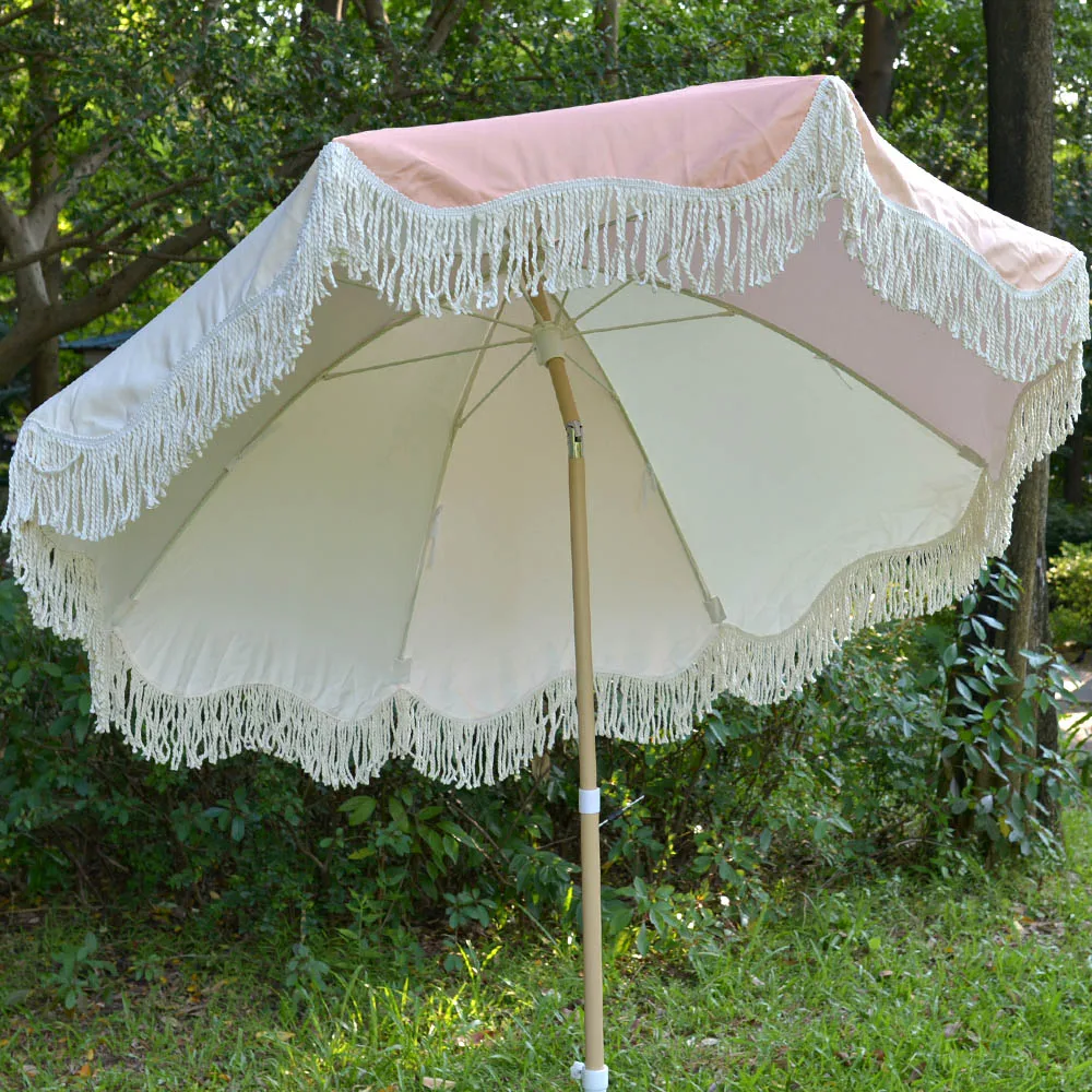 Parasol krzesła luksusowe Boho plażowe frędzle Parasol basen frędzel drewno duże Patio meble zewnętrzne nadruk Logo