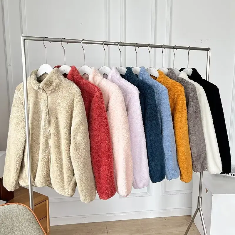 

Fashion Fleece Long Sleeve Solid Color Jacket Spring Autumn New Style Coral Fluffy Outerwear Women's Jacket Short Outerwear