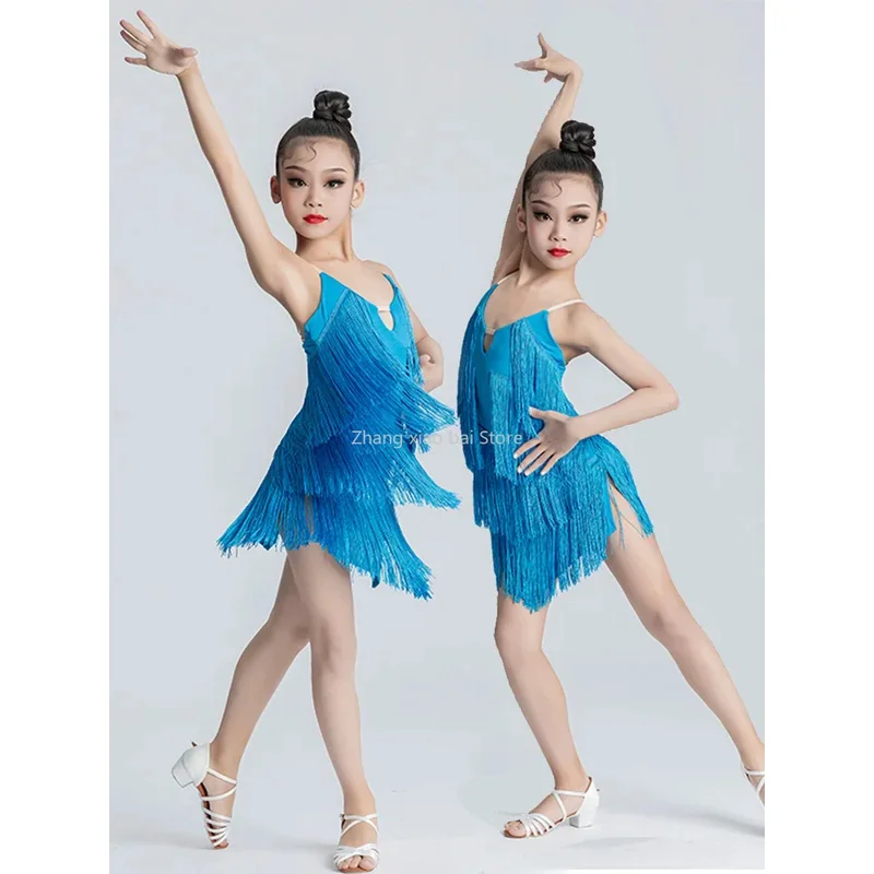 New Kids Latin Dance Dress Girls Dance Practice Outfit Latin Dance Dress Long Sleeve Competition Rumba Cha Cha Samba Dress Girls