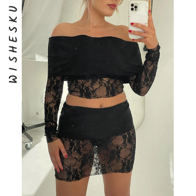 See Through Lace Mesh Two Piece Set Off Shoulder Long Sleeve Crop Top and Mini Skirt Sexy Clubbing Outfits for Women 2024 Summer