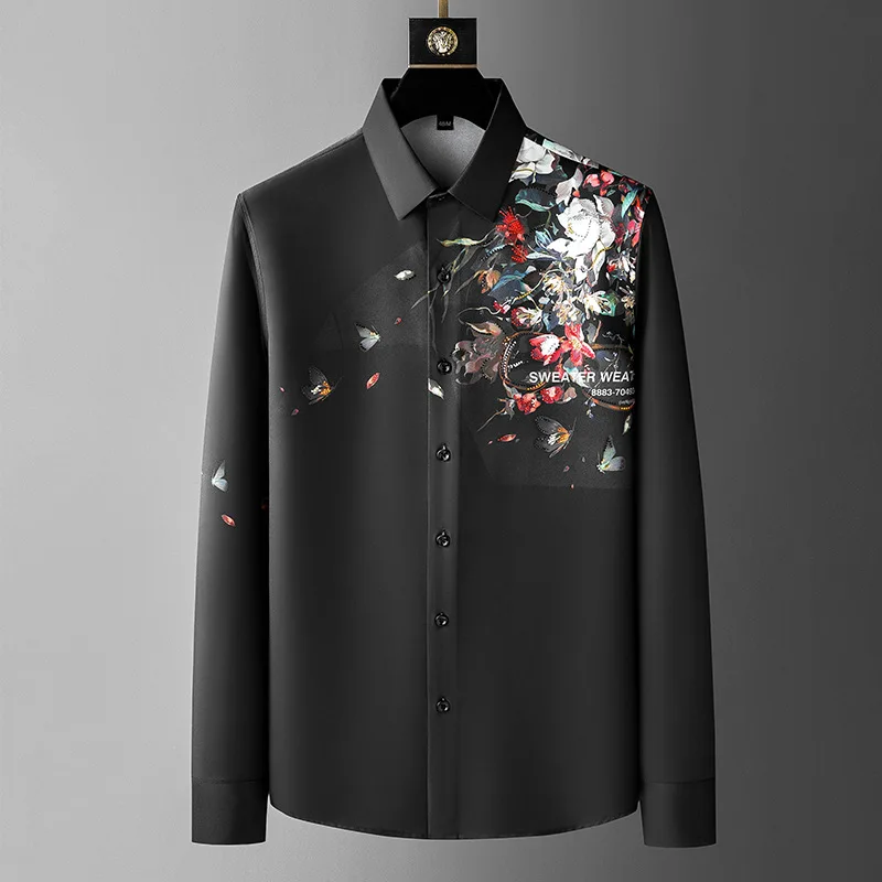 2025 Spring Flower Rhinestone Shirts Men Slim Fit Casual Shirts Long Sleeve Business Dress Shirts Streetwear Social Party Tuxedo