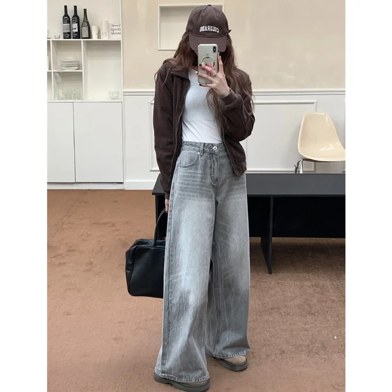 Summer Grey Womens Jeans High Waist Baggy Casual Vintage Y2K Trend Straight Cargo Pants Street American Wide Leg Denim Trouser