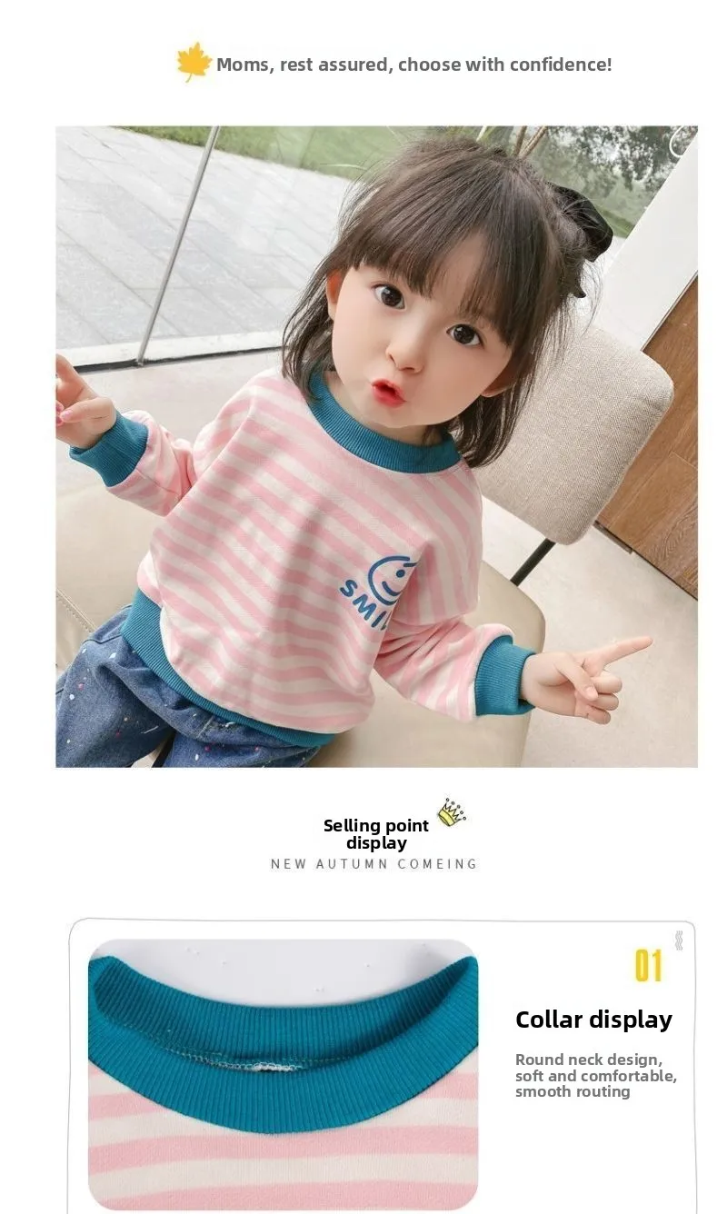 2026 Mädchen Langarm Gestreiftes Oberteil Frühling Herbst Locker Sitzendes T-Shirt Sweatshirt Hybrid Atmungsaktiv Bequem Dünner Stoff Kleinkinder – Detail 3