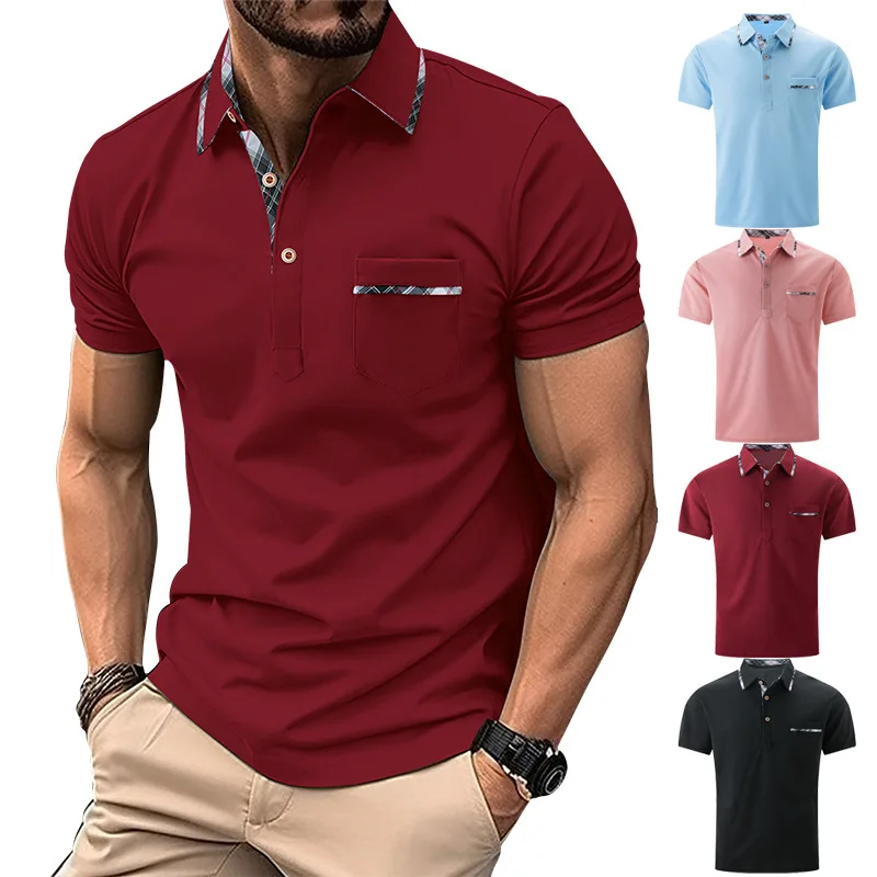 Men\'s Polo Shirts Short Sleeve Summer Slim Fit Solid Color Lapel Tops with Plaid Collar Trim & Chest Pocket for Daily Business