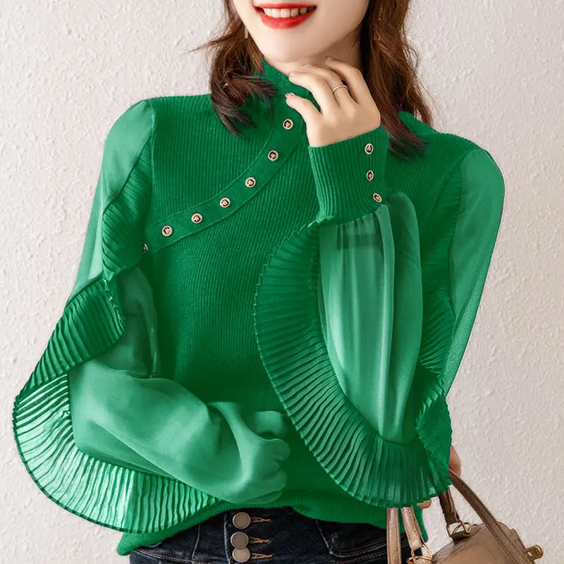 Fashion Ruffles Spliced Knit Blouse Women\'s Clothing 2022 Spring New Streetwear Casual Button Long Lantern Sleeve Shirt Female