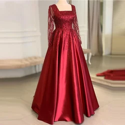 BridalAffair Shiny Red Lace Satin Long Prom Dresses Long Sleeve Square Neck Floor Length Dubai Arabic Women PatyFormal Gowns