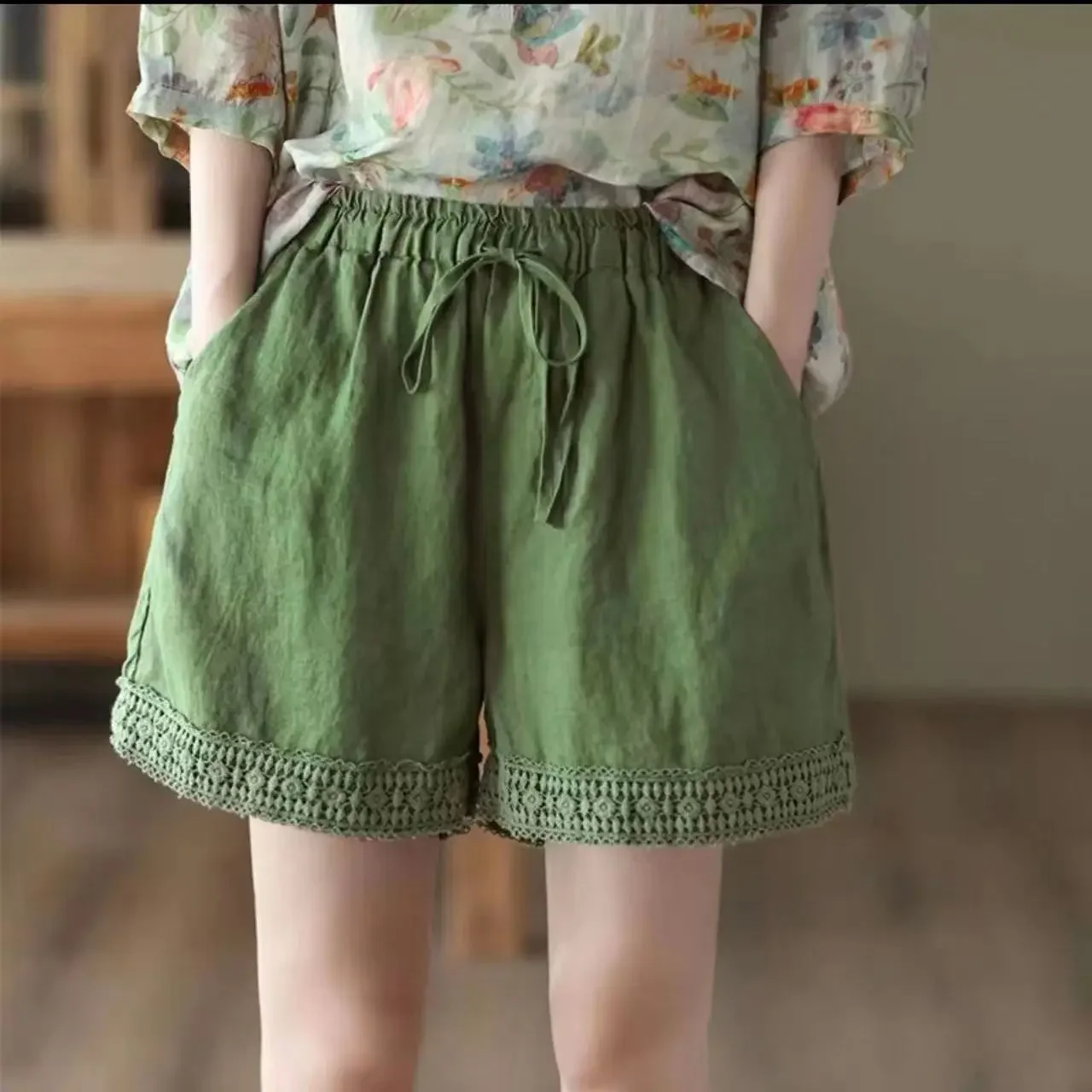 

Elastic Waist Wide Linen High Shorts for Women Cotton Comfy Outdoor Trend 2025 Harajuku Fashion Normal Outfits Woman Short Pants