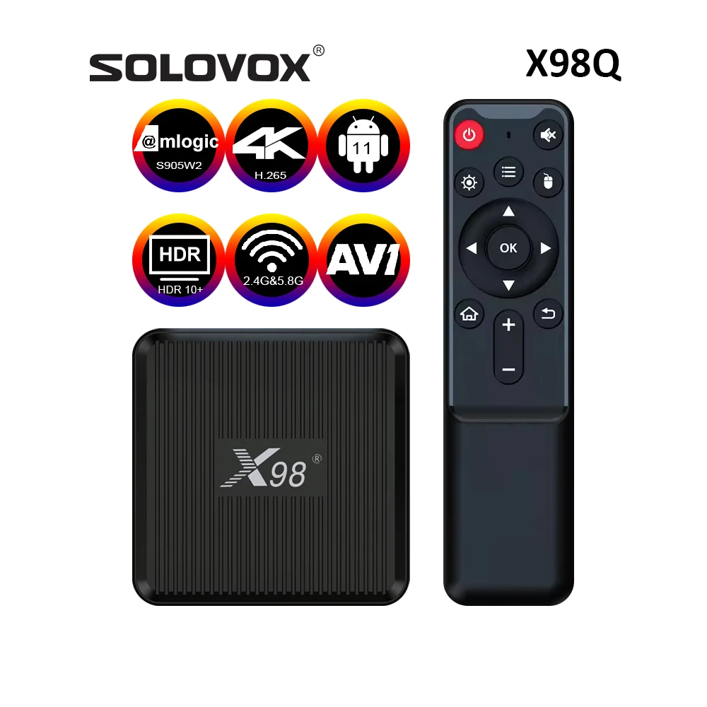 صندوق تلفزيون ذكي SOLOVOX-anderoid 11 ، X98Q ، S905W2 ، 2G ، 16G ، WiFi ، 4K ، مستقبل AV1 ، HDR10 ، Live X98 Q ، مشغل وسائط H.265