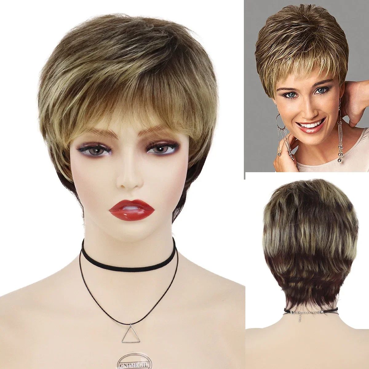 

GNIMEGIL Synthetic Short Pixie Cut Wigs Women Natural Hairstyle Bangs Wig Blonde Mix Brown Soft Straight Wig for Chemo Patient