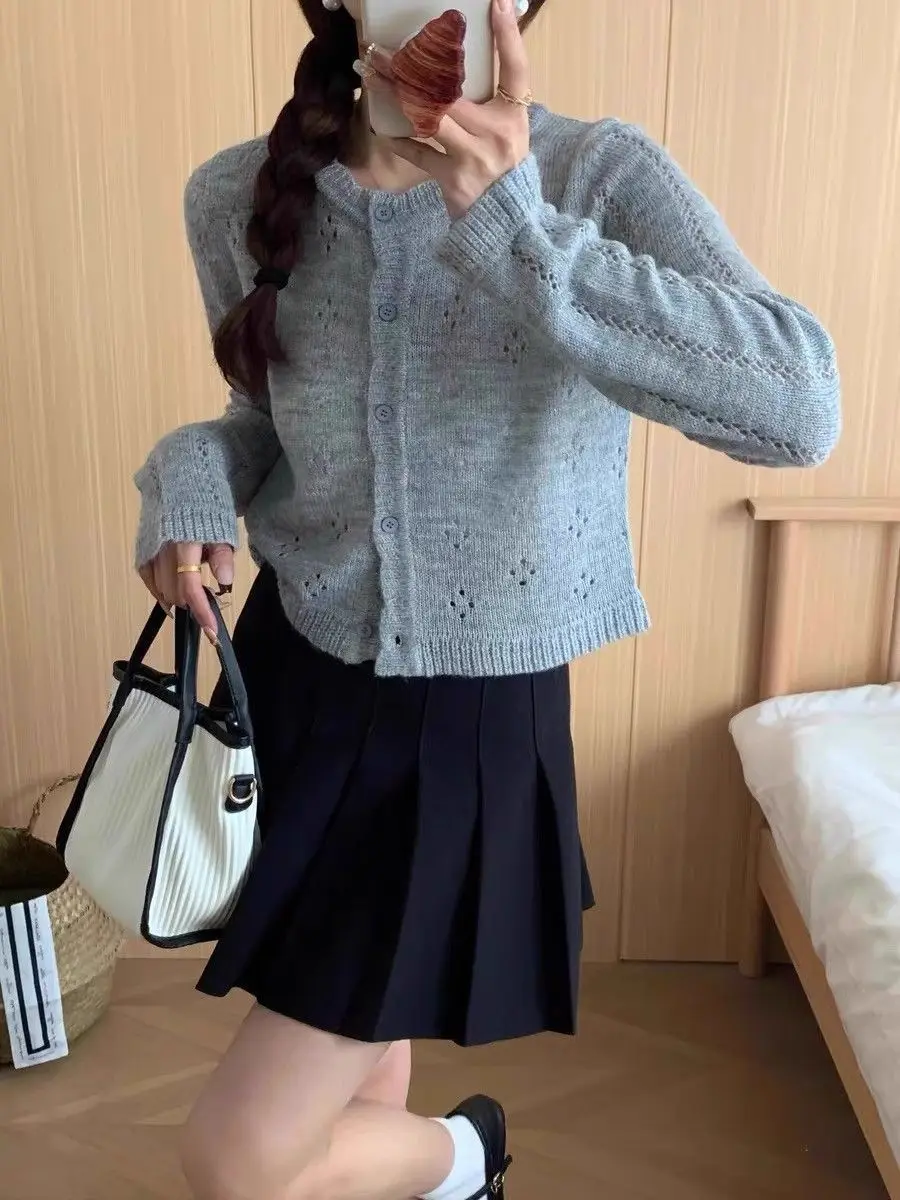 

New Korean Style Openwork Knit Cardigan Jacket Women's Lightweight Cover Up Early Fall Spring Transitional Top Basic Thin Coat