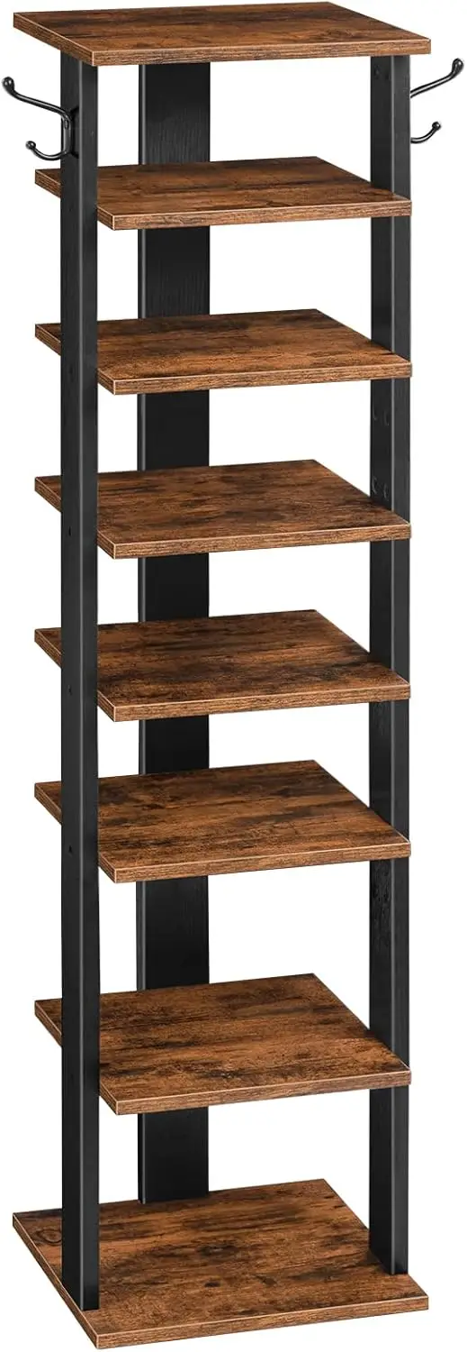

8-Tier Vertical Shoe Rack with Hooks, Wooden Storage Organizer for Entryway, Living Room, Bedroom, Space-Saving Rustic Brown