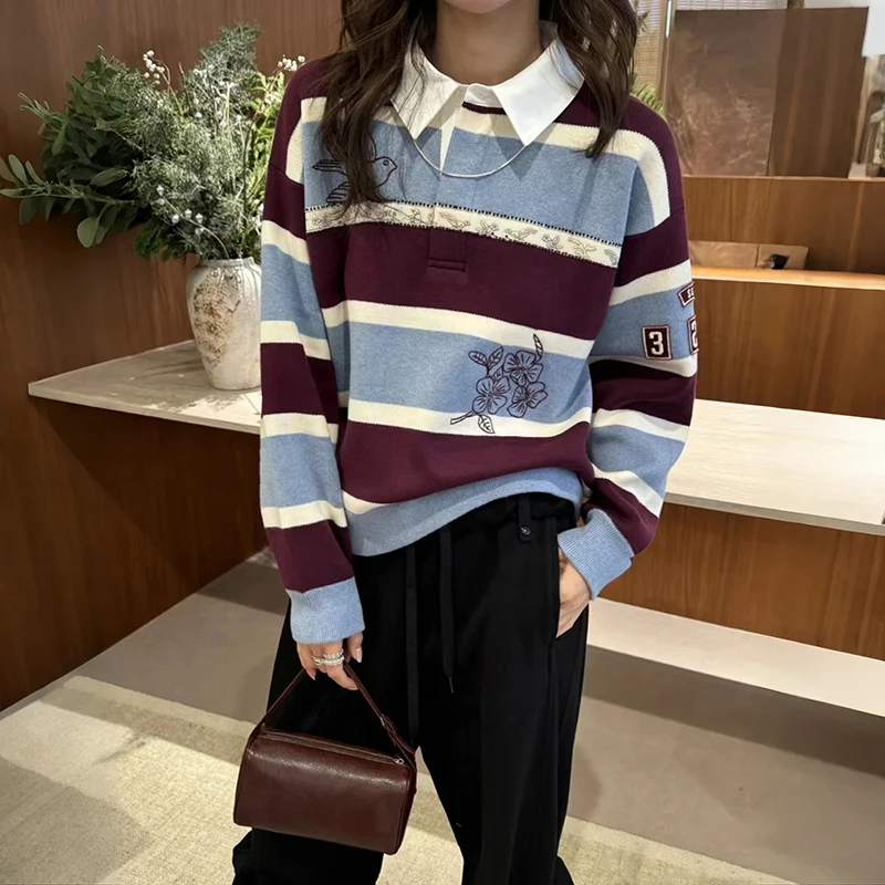 

Женский вязаный свитер с воротником и вышивкой, дизайн «Микс-полоска» в стиле Blo, для повседневной носки, весна 2026