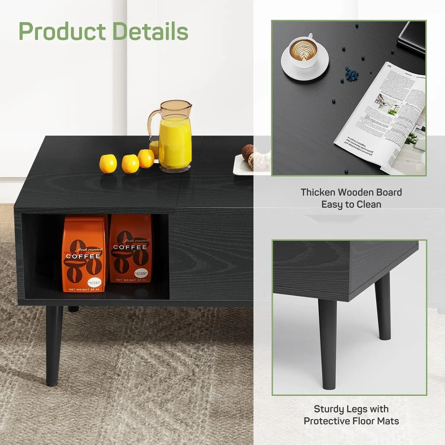 Lift Top Coffee Tables for Living Room, Small Modern Wooden Center Tables with Storage Shelf and Hidden Compartment