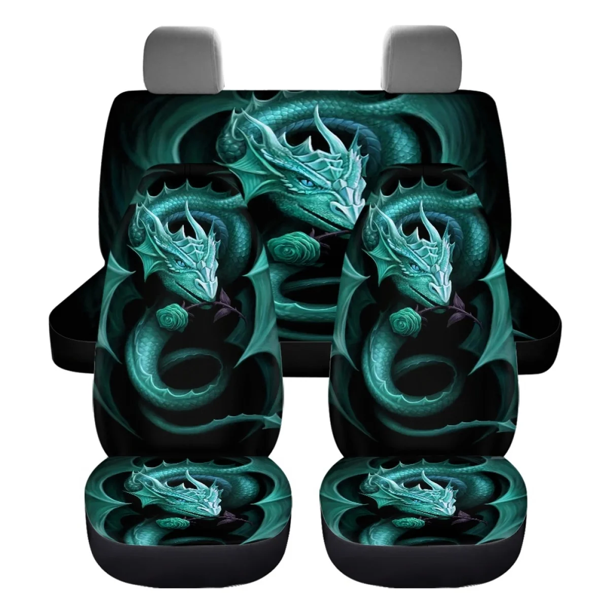 3D Green Dragon Print Car Seat Cushion Cover Gothic Skull Car Steering Wheel Cover Auto Seat Belt Shoulder Protection Easy Clean