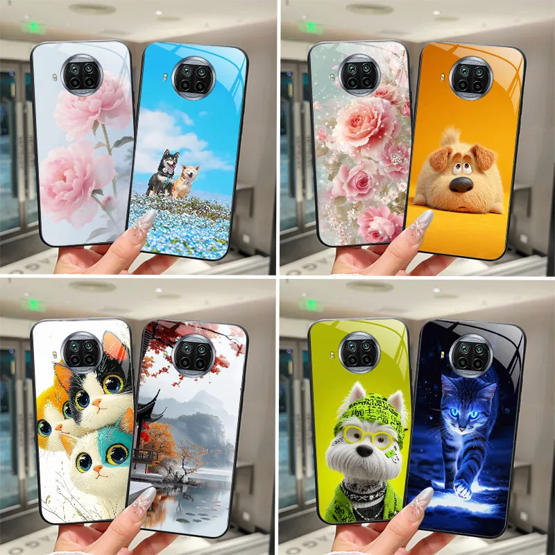 Schöne Blume Niedliche Cartoon-Katzen Hülle Für Xiaomi Mi 10T Lite 10i 5G Gehärtetes Glas Handyhülle Schutzhülle Rückseite Hartschale