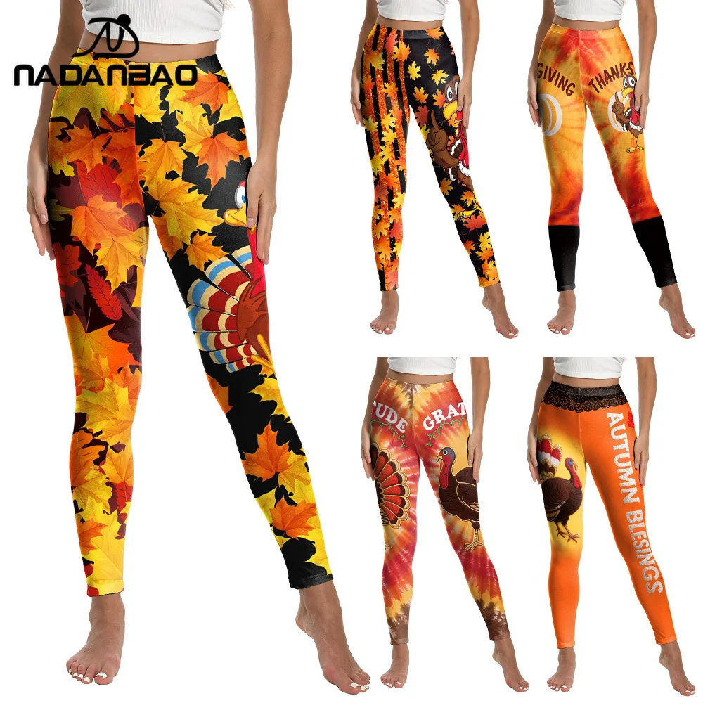 

Nadanbao Women Yellow Thanksgiving Graphic Pants Funny Maple Leaf Turkey Thankful Leggings Mid Waist Sexy Tights Festival Party