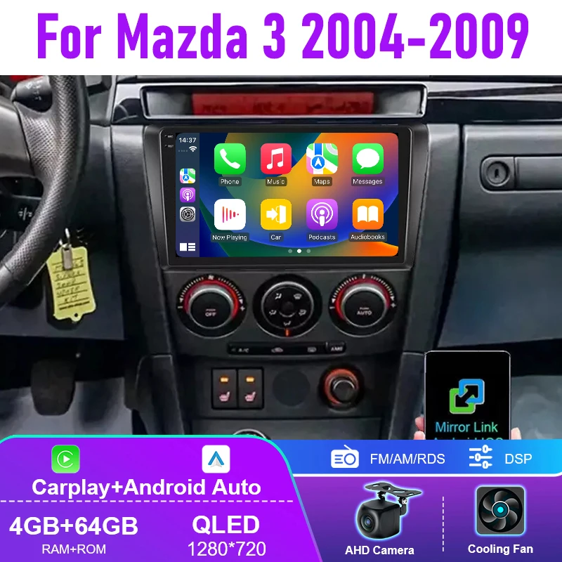 

9" 4-64GB For Mazda 3 2004-2009 Apple CarPlay Android 13 Car Stereo Radio FM AM GPS Head Unit Reversing Image