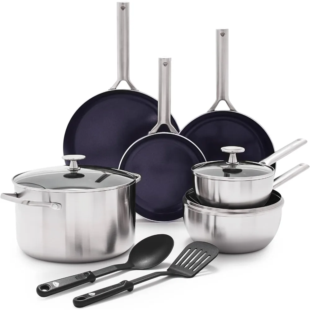 

11 Piece Cookware Set, Stainless Steel Tri-Ply, Induction Compatible, Diamond Infused Ceramic Nonstick, PFOA and PFAS Free