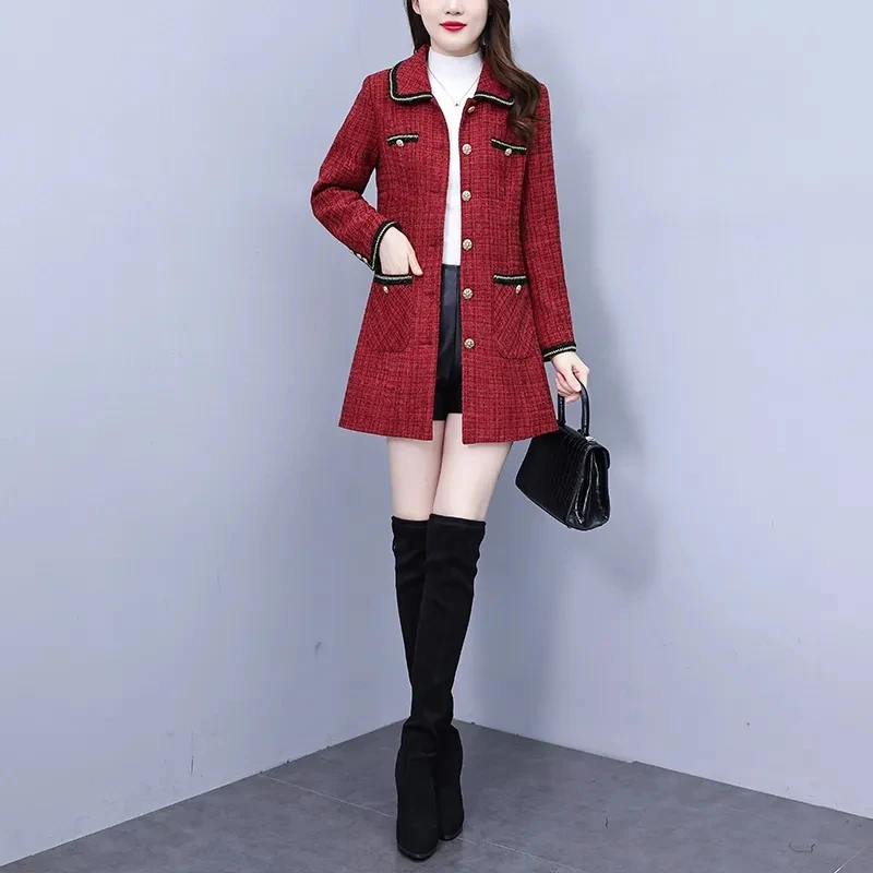 2023 New  Autumn Winter Coat Fashion Casual Outerwear Tops Mid length Lapel Plaid Woolen cloth Jacket Casaco Feminino A1287