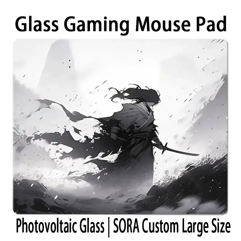 Japanese Anime Heroic Ink Painting Glass Gaming Mouse Pad Smooth Desk Pad E-Sports Office Desk Pad PC Custom Pattern Mousepads