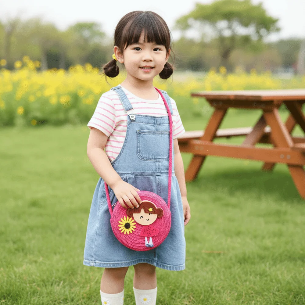 Fashion Handmade Woven Straw Shoulder Bags Flower Cute Coin Purse Lightweight Beach Bag for Children