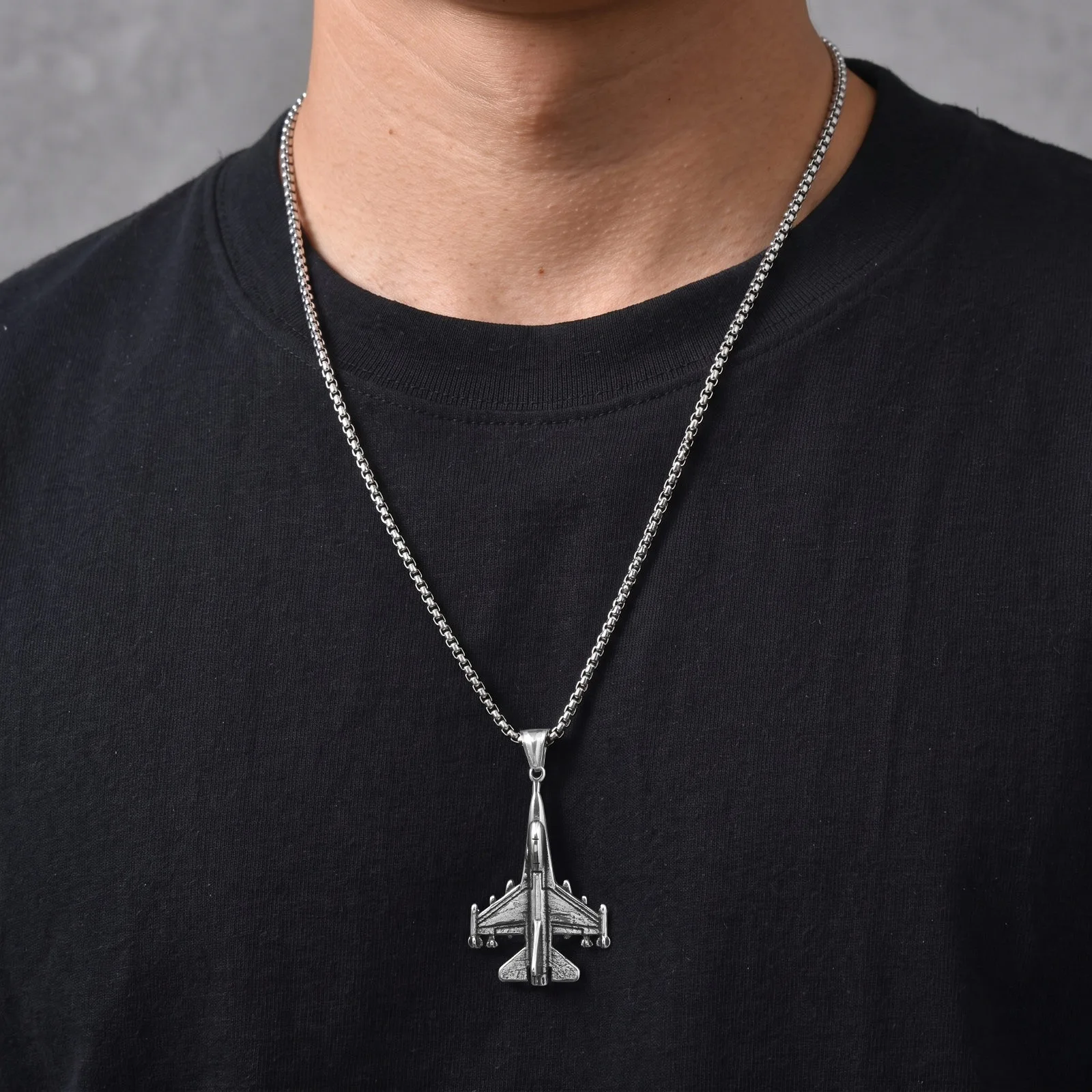 Vnox Men Stainless Steel Fighter Jet Pendant Necklace Silver Color Airplane Chain Punk Hip Hop Aviation Enthusiast Jewelry Gift