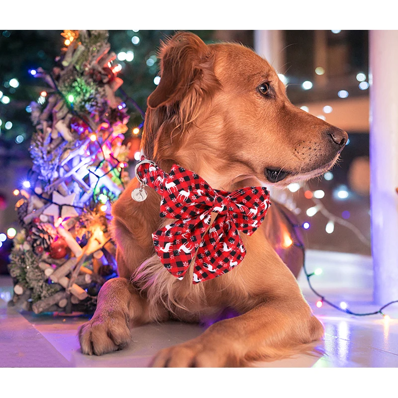 Unique Style Paws Personlized Christmas Dog Collar with Bow Red Plaid Deer Puppy Collar Flower Dog Collar Large Medium Small Dog