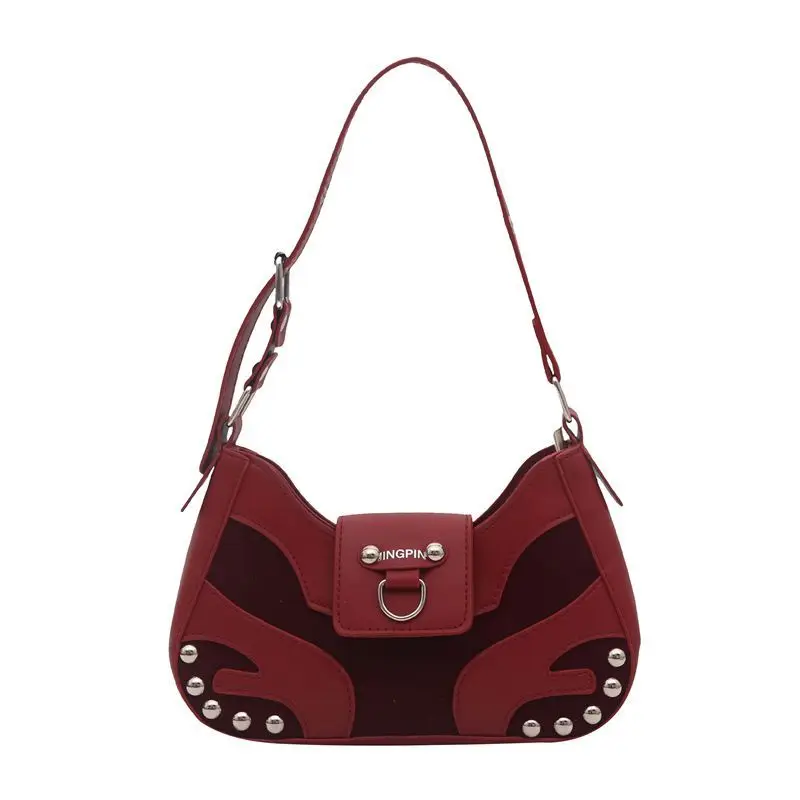 Black Red Coffee Brown Vintage Color Block Rivet Underarm Bag PU Leather Retro Y2K Hobo Shoulder Crossbody Purse Burgundy Women